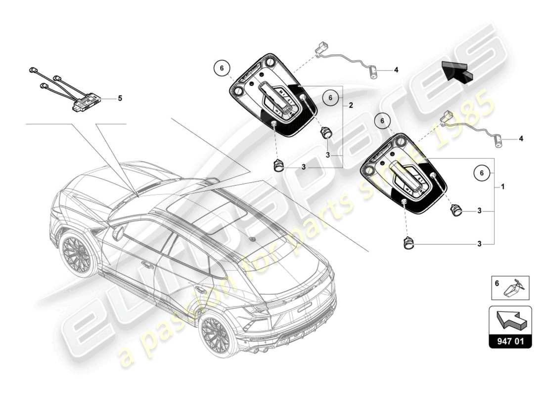 lamborghini urus (2021) interior and reading light parts diagram