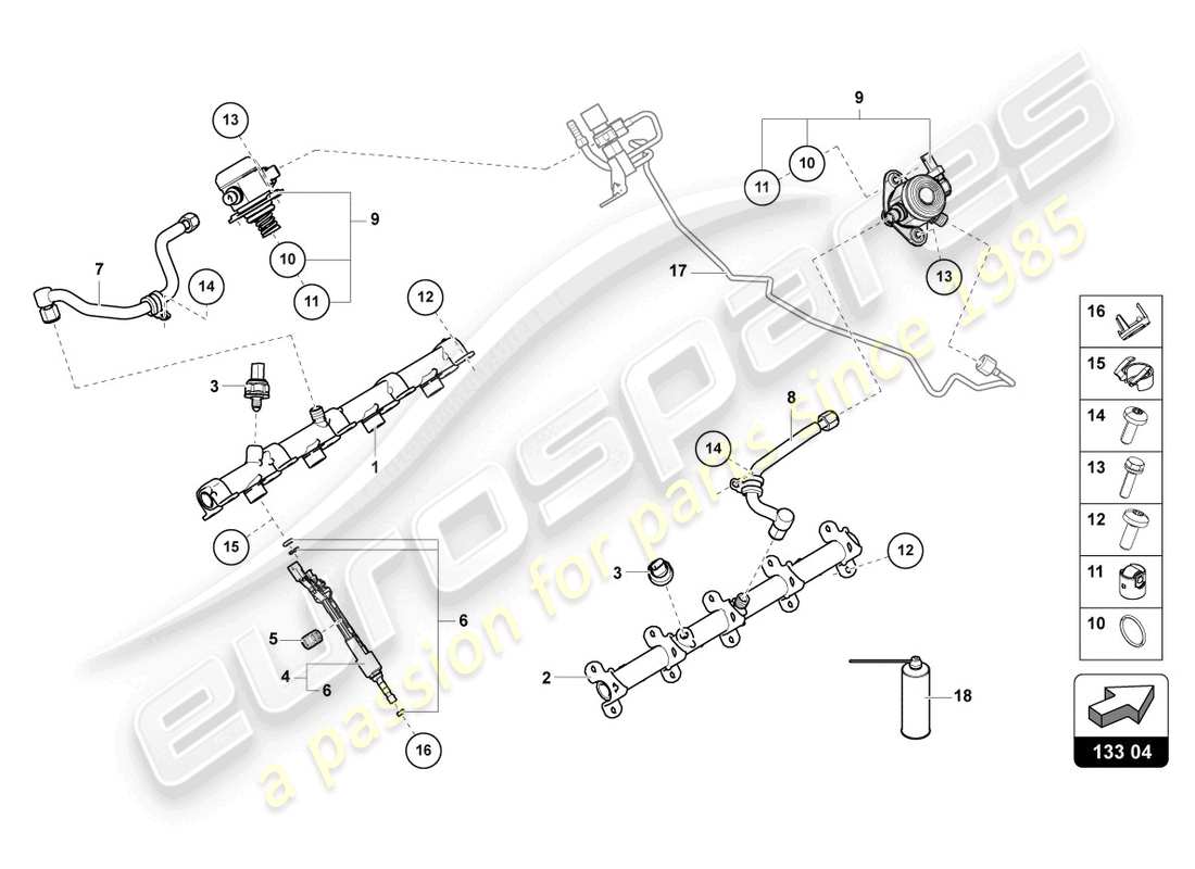 lamborghini urus (2022) fuel injector with injector rails part diagram