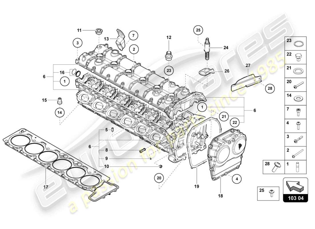 lamborghini sian roadster (2021) cylinder head with studs and centering sleeves part diagram