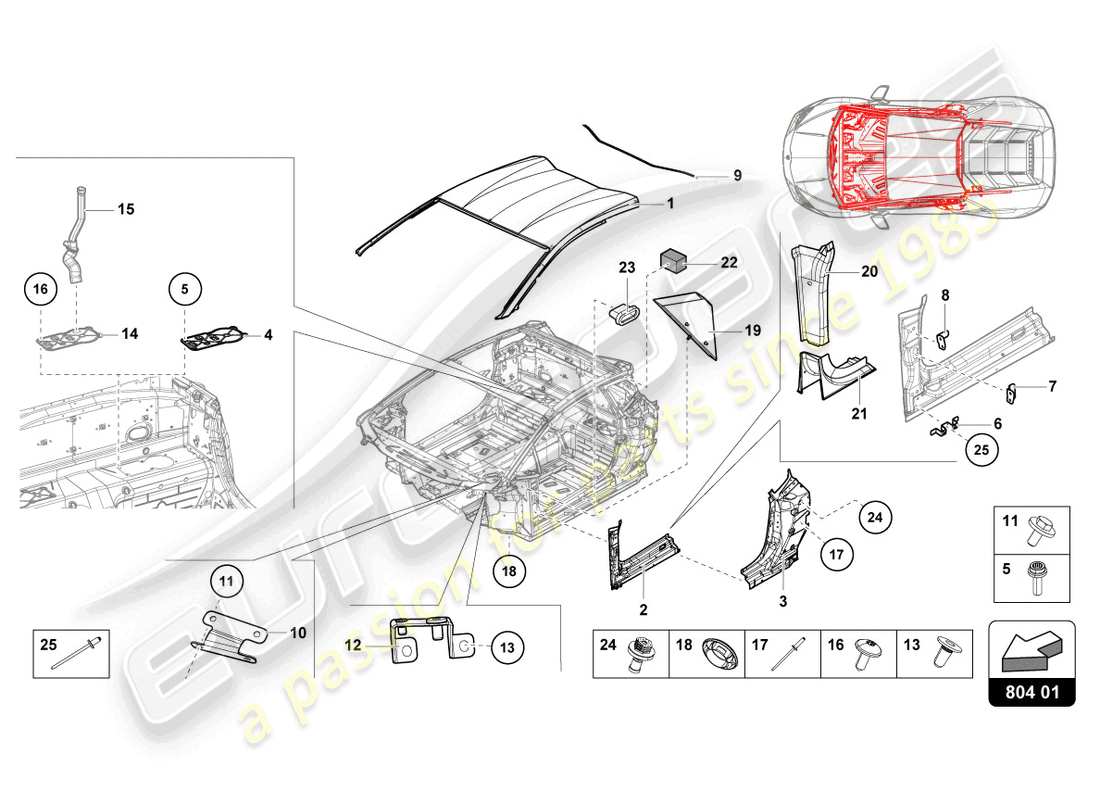 lamborghini evo coupe (2021) roof parts diagram