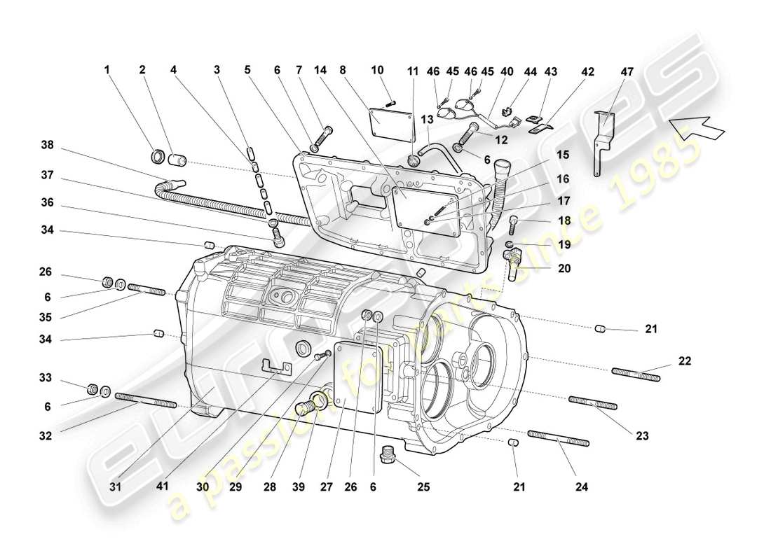 lamborghini lp640 roadster (2007) gearbox housing and attachments parts diagram