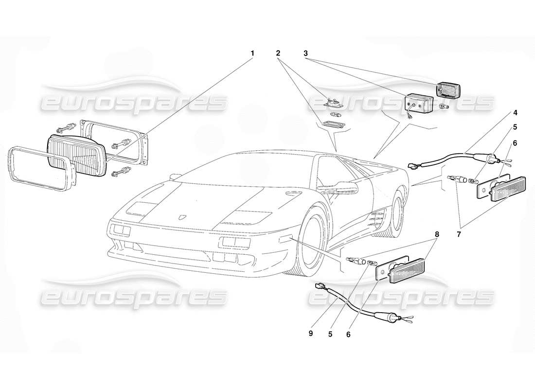 lamborghini diablo (1991) lights (valid for usa version - september 1991) part diagram