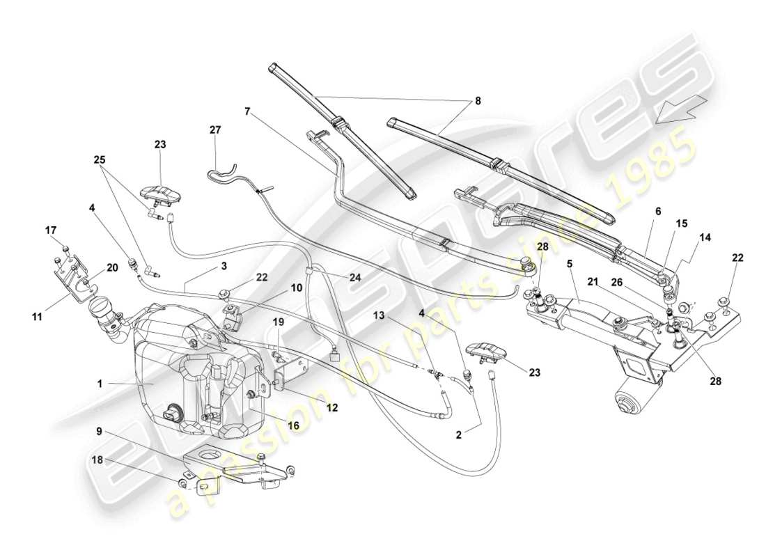 lamborghini gallardo coupe (2007) windscreen washer system parts diagram