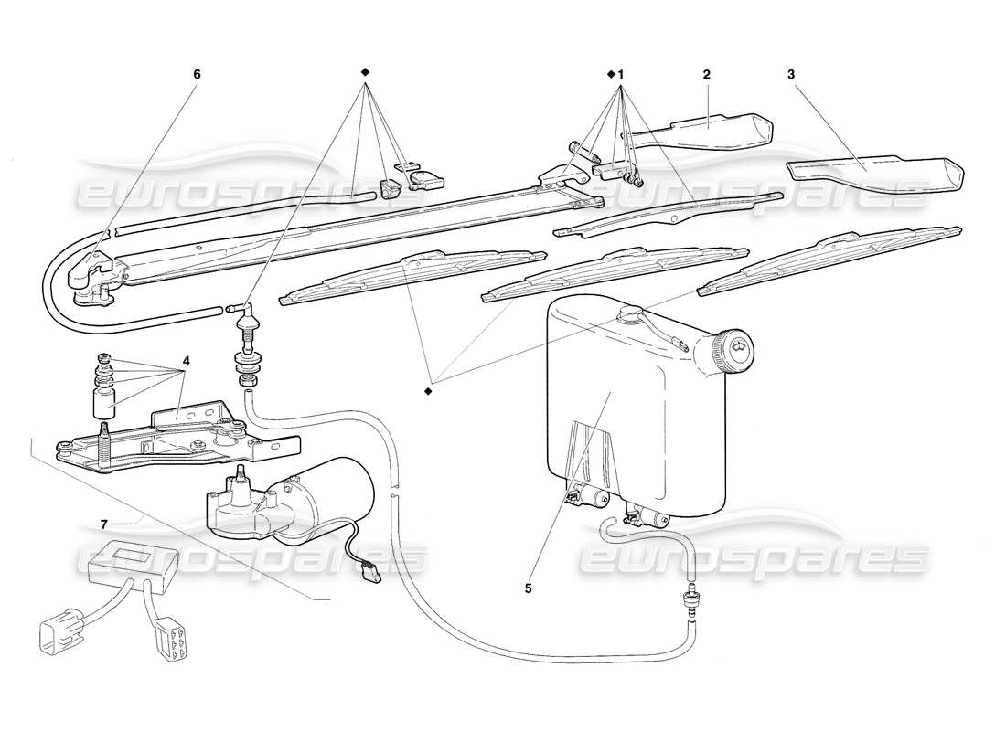 lamborghini diablo sv (1998) windscreen wiper and headlamp washers (valid for gb - november 1998) parts diagram