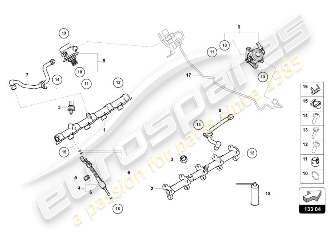 lamborghini urus (2021) fuel injector with injector rails part diagram