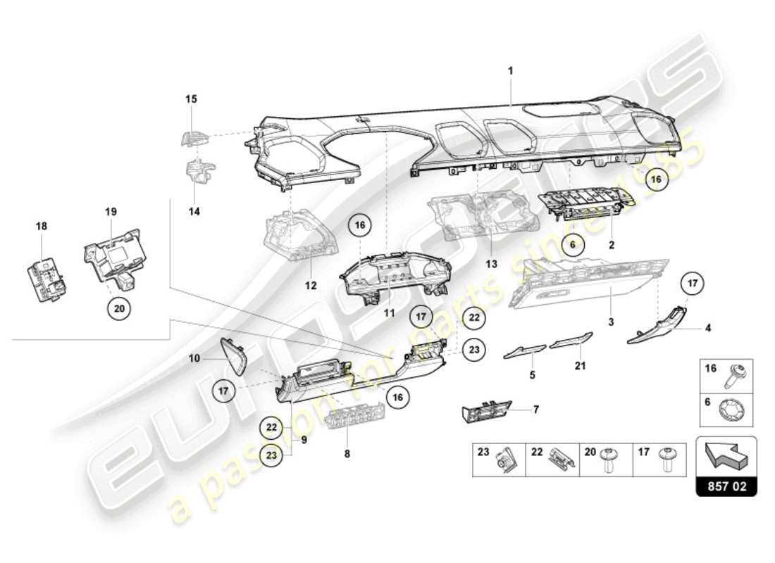 lamborghini evo coupe (2021) instrument panel trim parts diagram