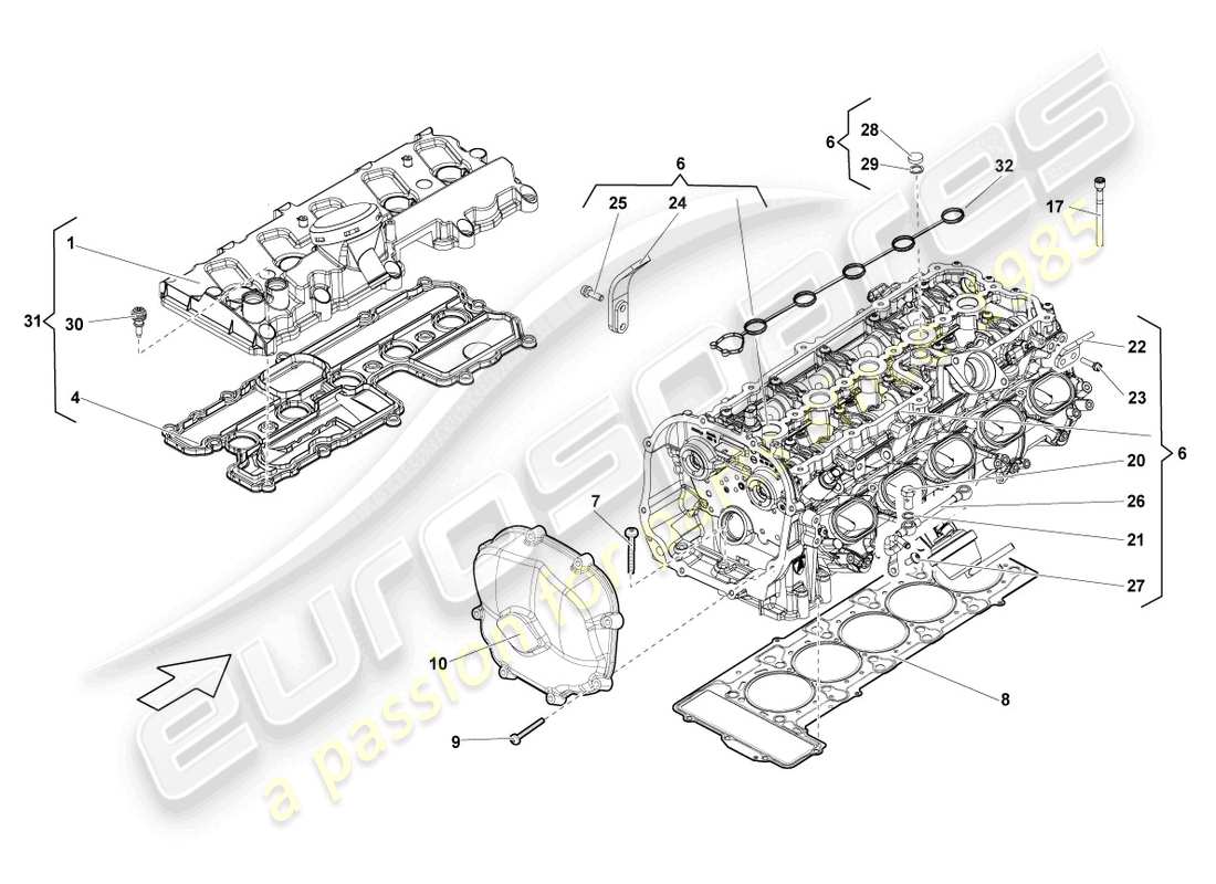 lamborghini lp550-2 coupe (2011) complete cylinder head cylinders 6-10 parts diagram