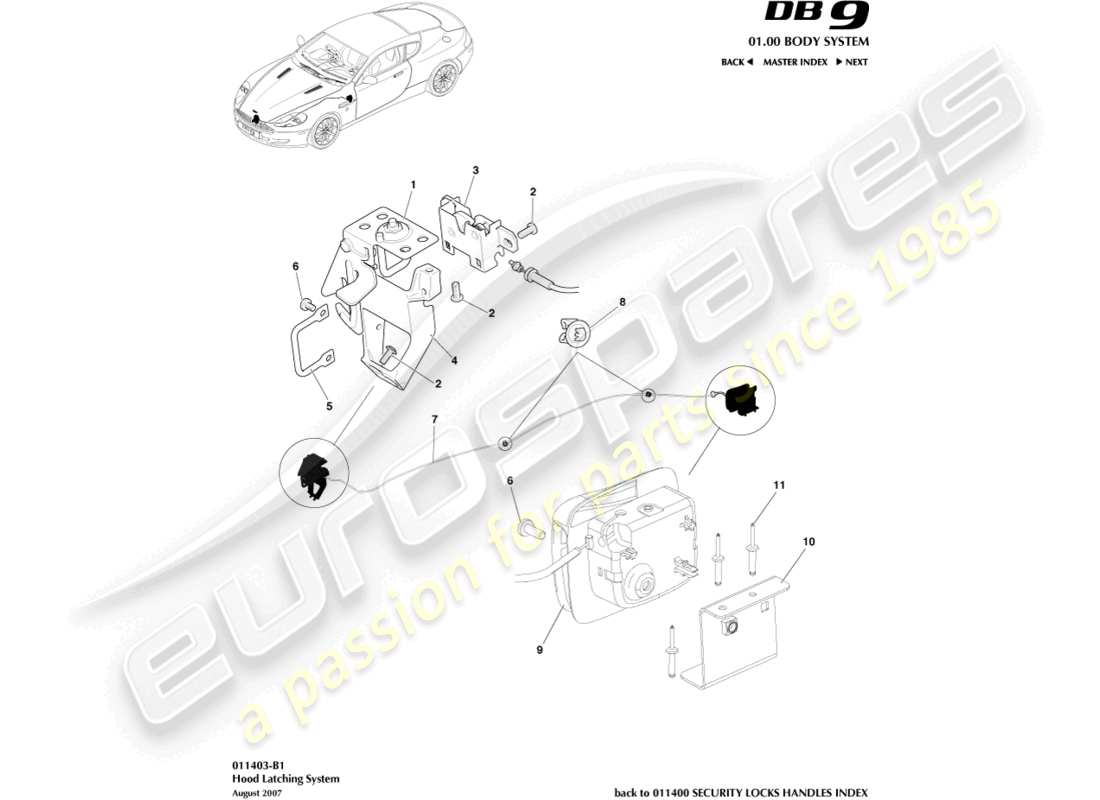 aston martin db9 (2012) hood latch system part diagram