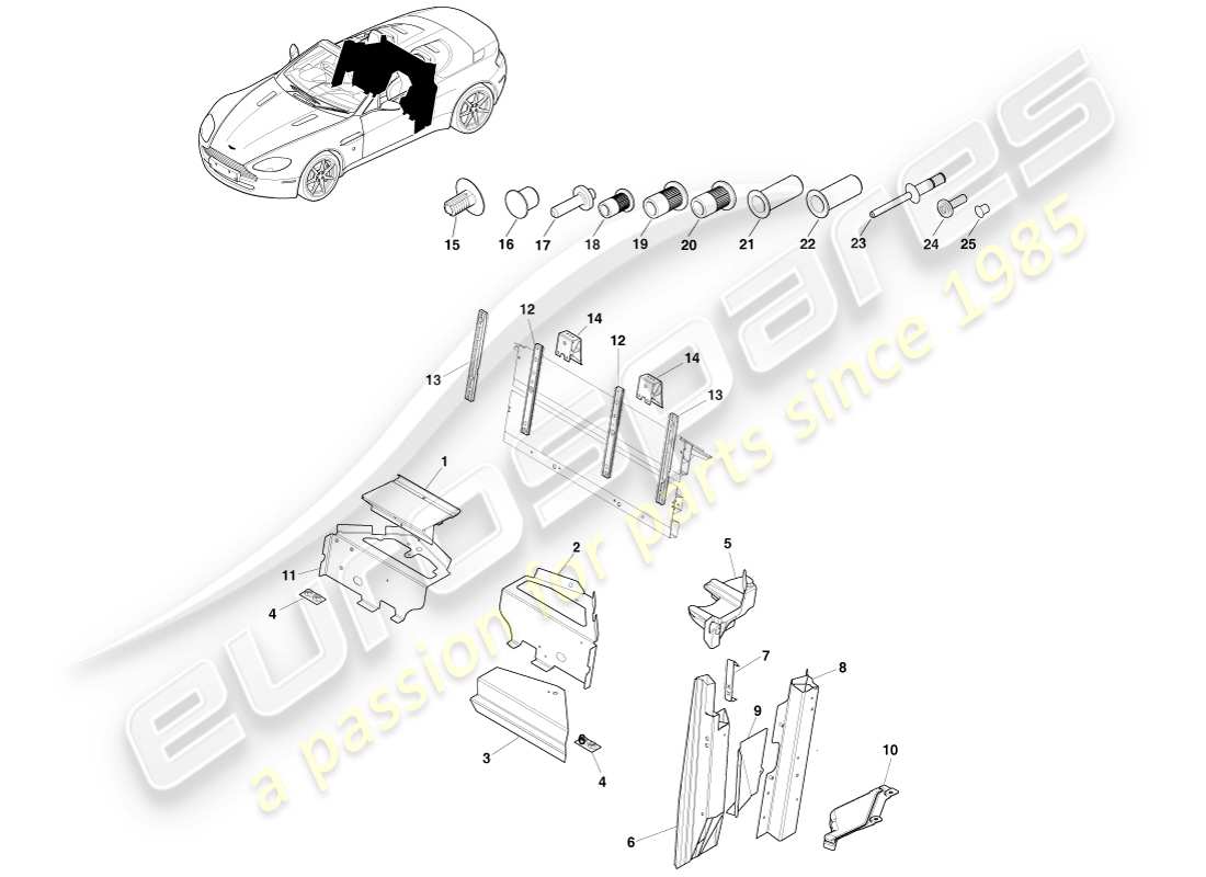 aston martin v8 vantage (2005) underbody rear, roadster part diagram