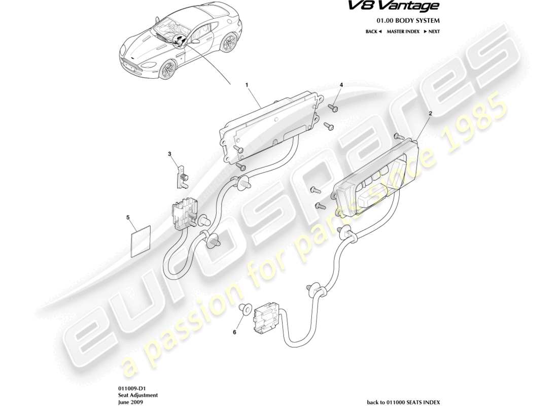 aston martin v8 vantage (2009) front seat adjustment part diagram