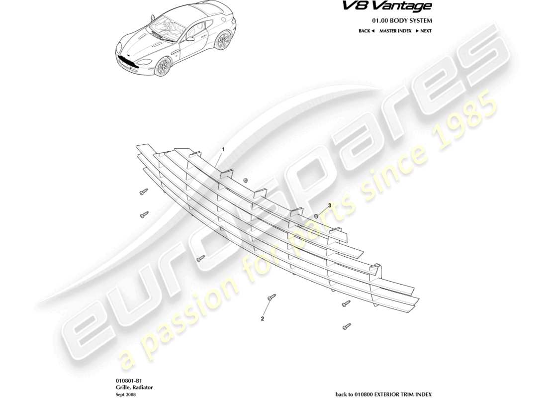 aston martin v8 vantage (2008) radiator grille part diagram