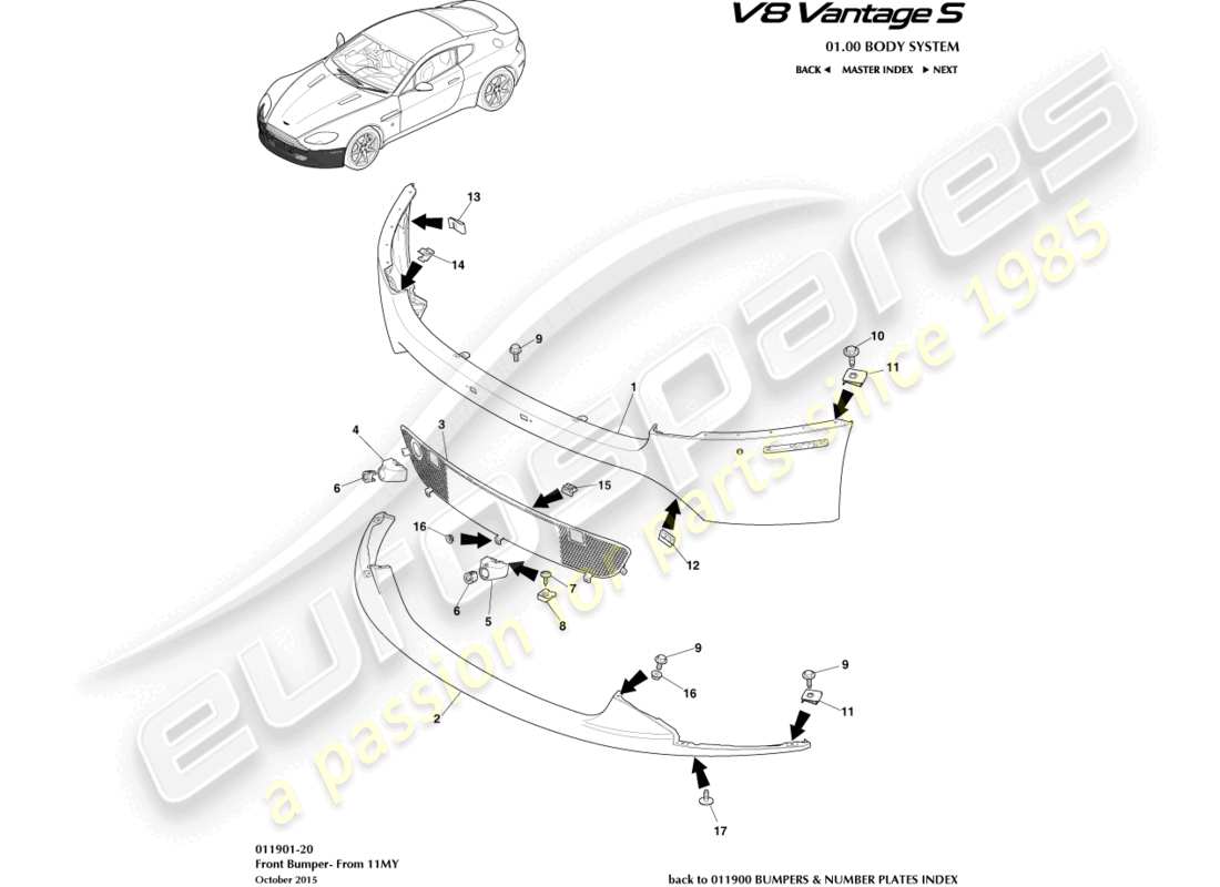 aston martin v8 vantage (2009) front bumper, 12.25my on & v8s part diagram