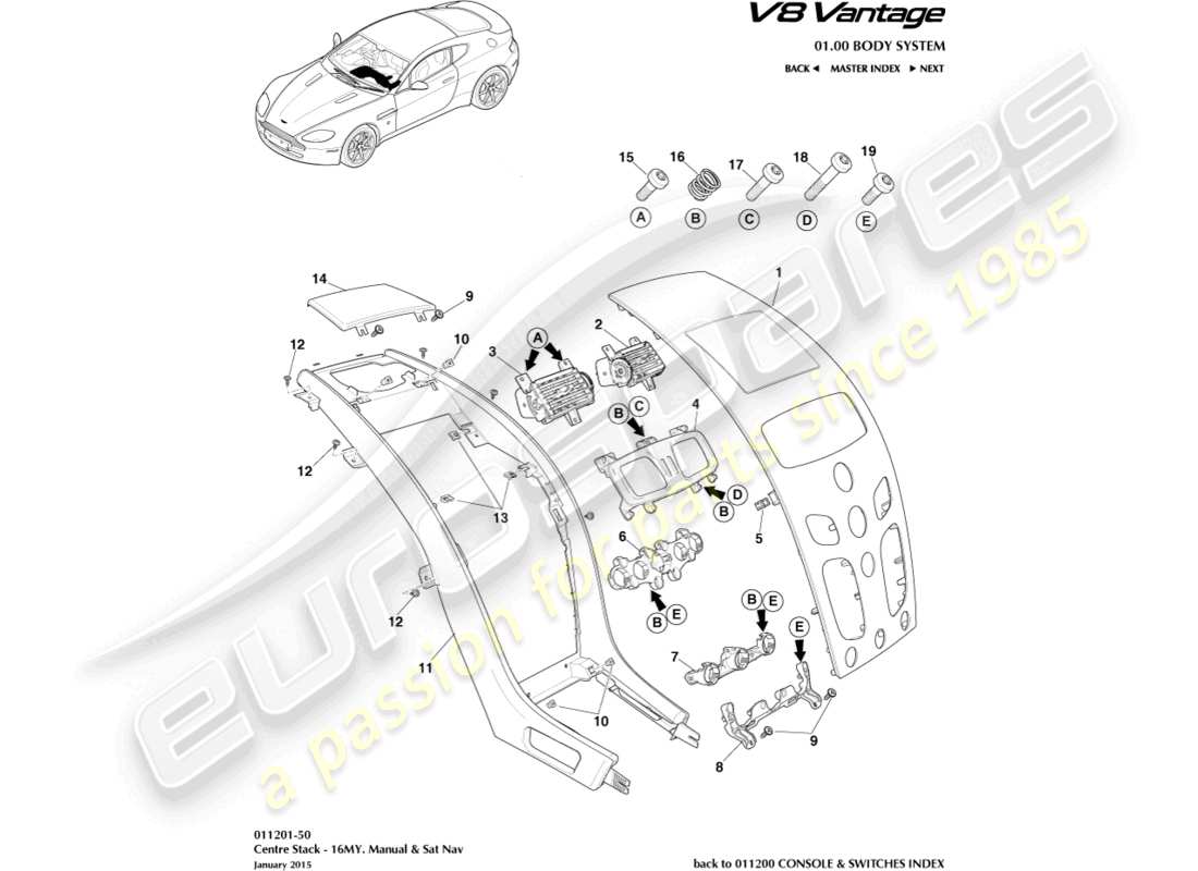 aston martin v8 vantage (2009) centre stack, manual, 16my part diagram