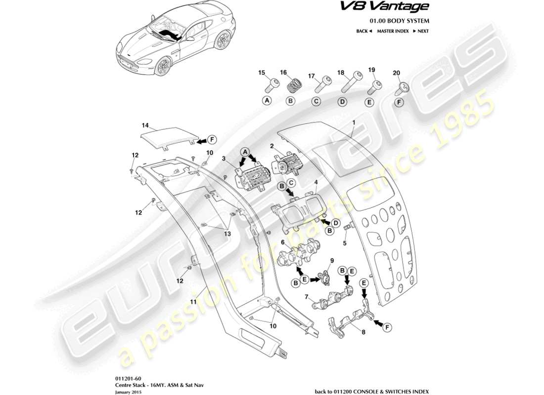 aston martin v8 vantage (2012) centre stack, asm, 16my part diagram