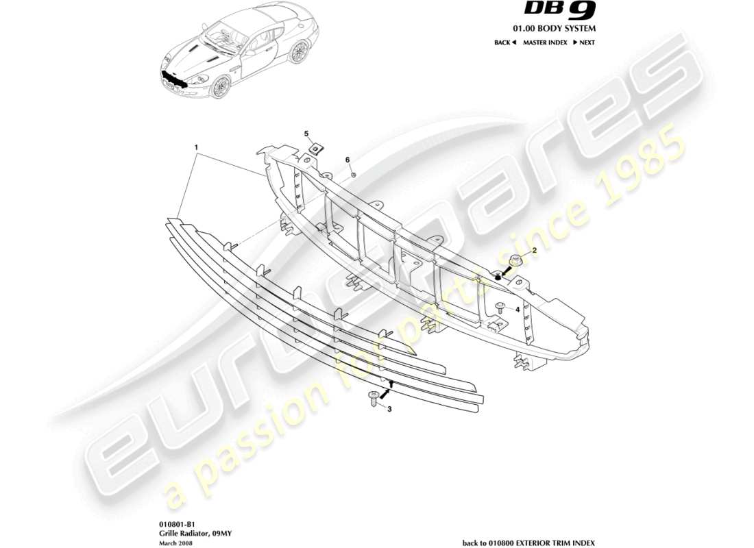 aston martin db9 (2004) radiator grille, 09my parts diagram