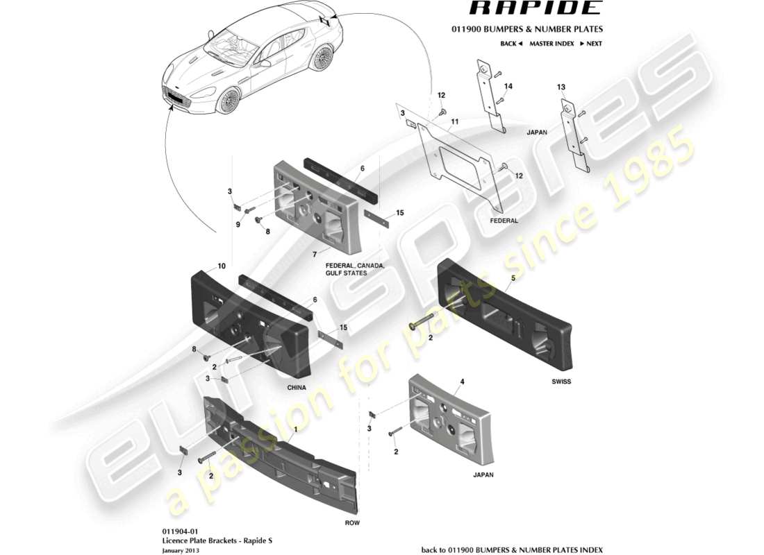 aston martin rapide (2011) number plate plinths, s part diagram