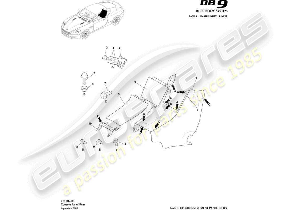 aston martin db9 (2012) rear console, coupe part diagram