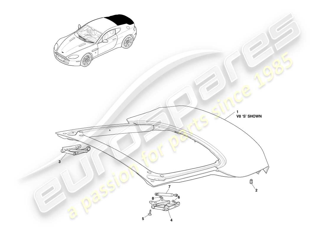 aston martin v8 vantage (2005) tailgate, coupe part diagram