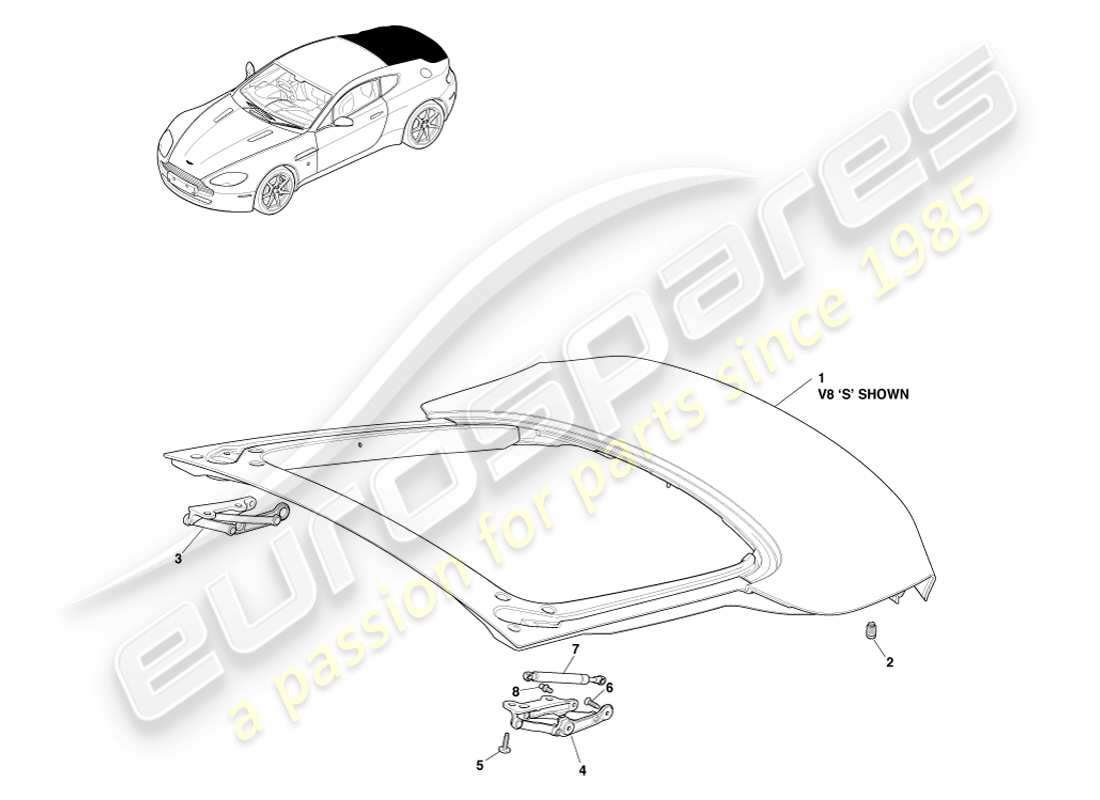 aston martin v8 vantage (2007) tailgate, coupe part diagram