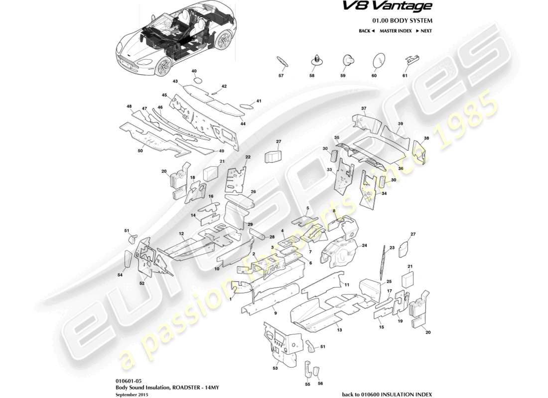 aston martin v8 vantage (2015) body insulation, roadster, 14my part diagram