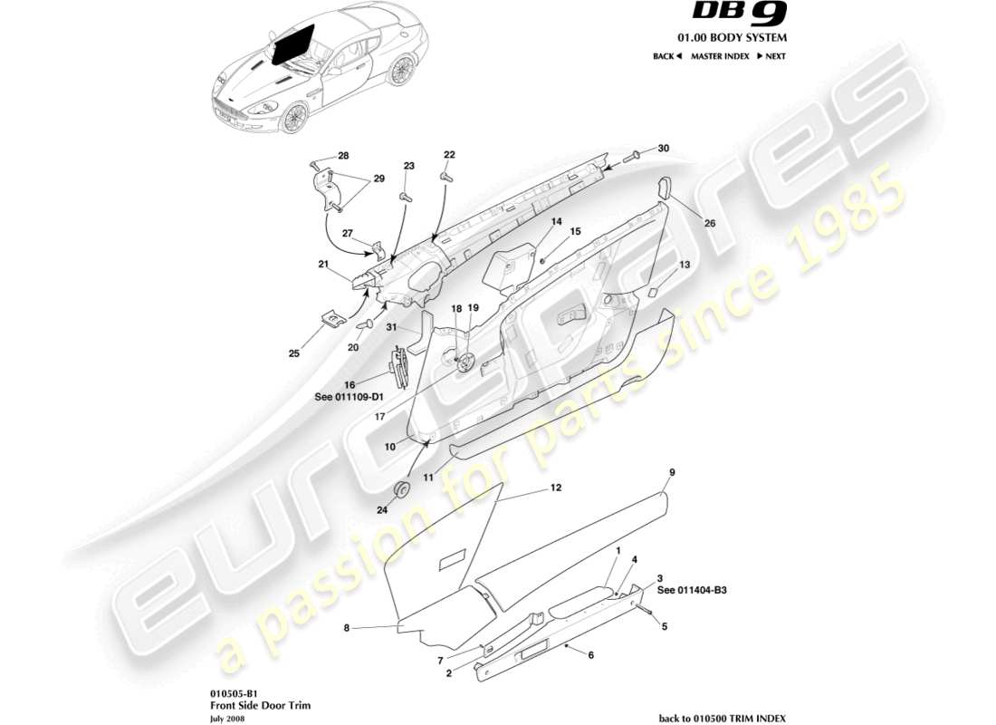 aston martin db9 (2007) door trim part diagram