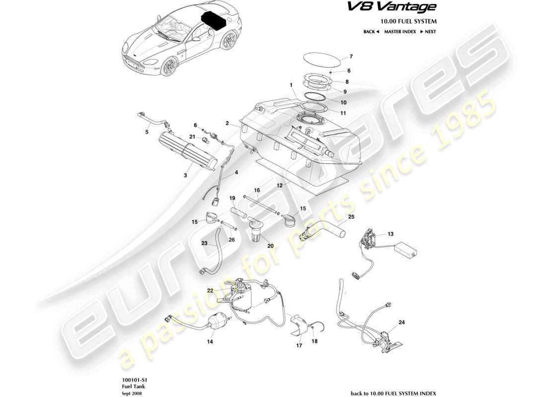 aston martin v8 vantage (2010) fuel tank assy, to 13my part diagram