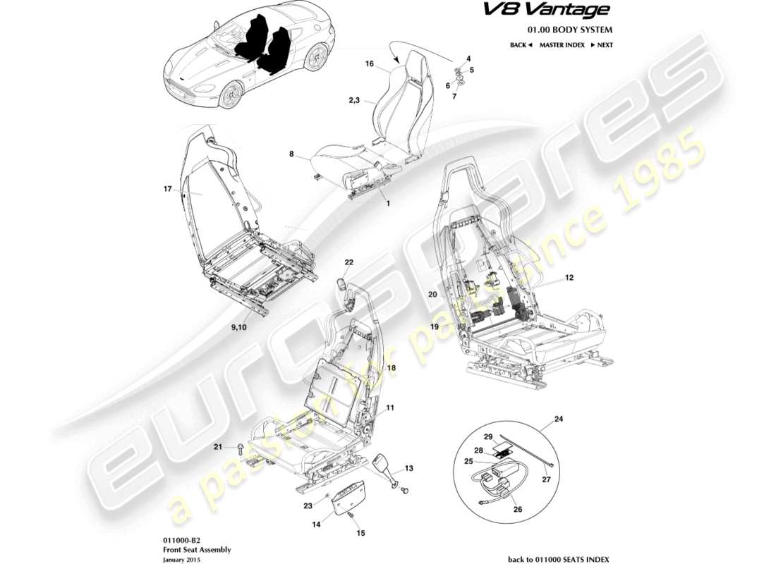 aston martin v8 vantage (2016) front seat part diagram