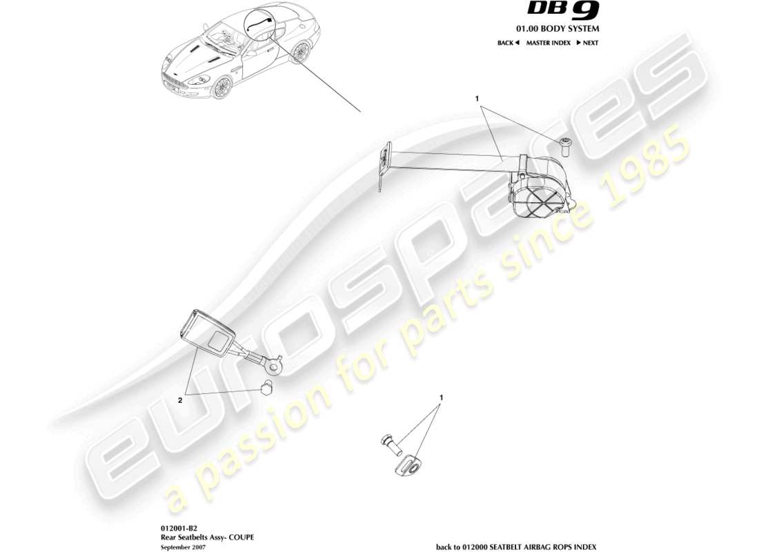 aston martin db9 (2007) rear seat belts, coupe part diagram