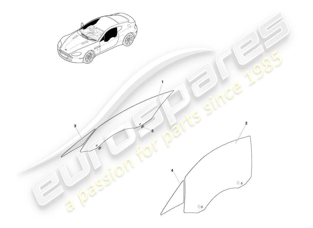 aston martin v8 vantage (2005) door glass, coupe part diagram