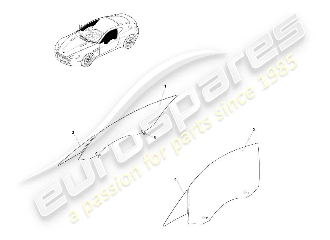 aston martin v8 vantage (2007) door glass, coupe part diagram