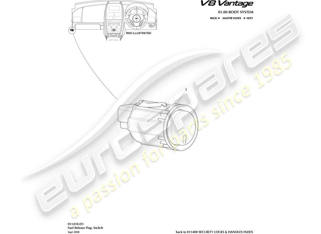 aston martin v8 vantage (2016) fuel filler release switch part diagram