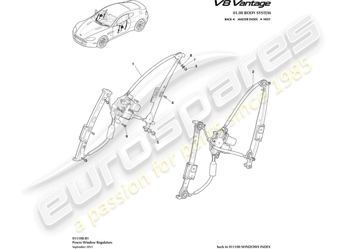 aston martin v8 vantage (2008) door window regulators part diagram