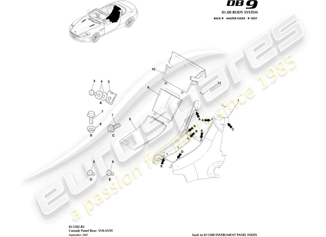 aston martin db9 (2007) rear console, volante part diagram