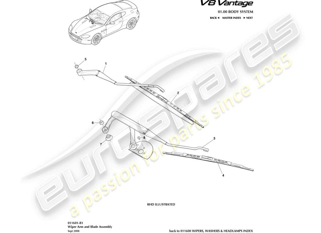 aston martin v8 vantage (2012) wiper blade assembly part diagram