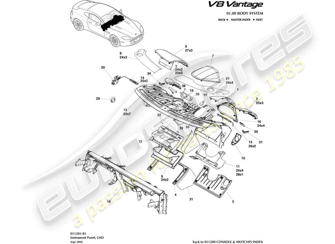 aston martin v8 vantage (2016) instrument panel, lhd part diagram