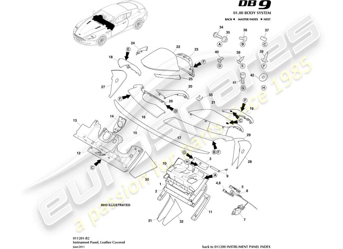 aston martin db9 (2007) instrument panel, leather part diagram