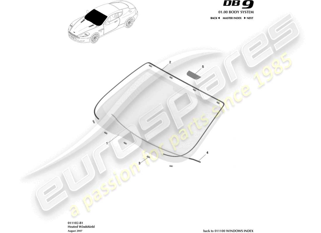 aston martin db9 (2007) windscreen, heated part diagram