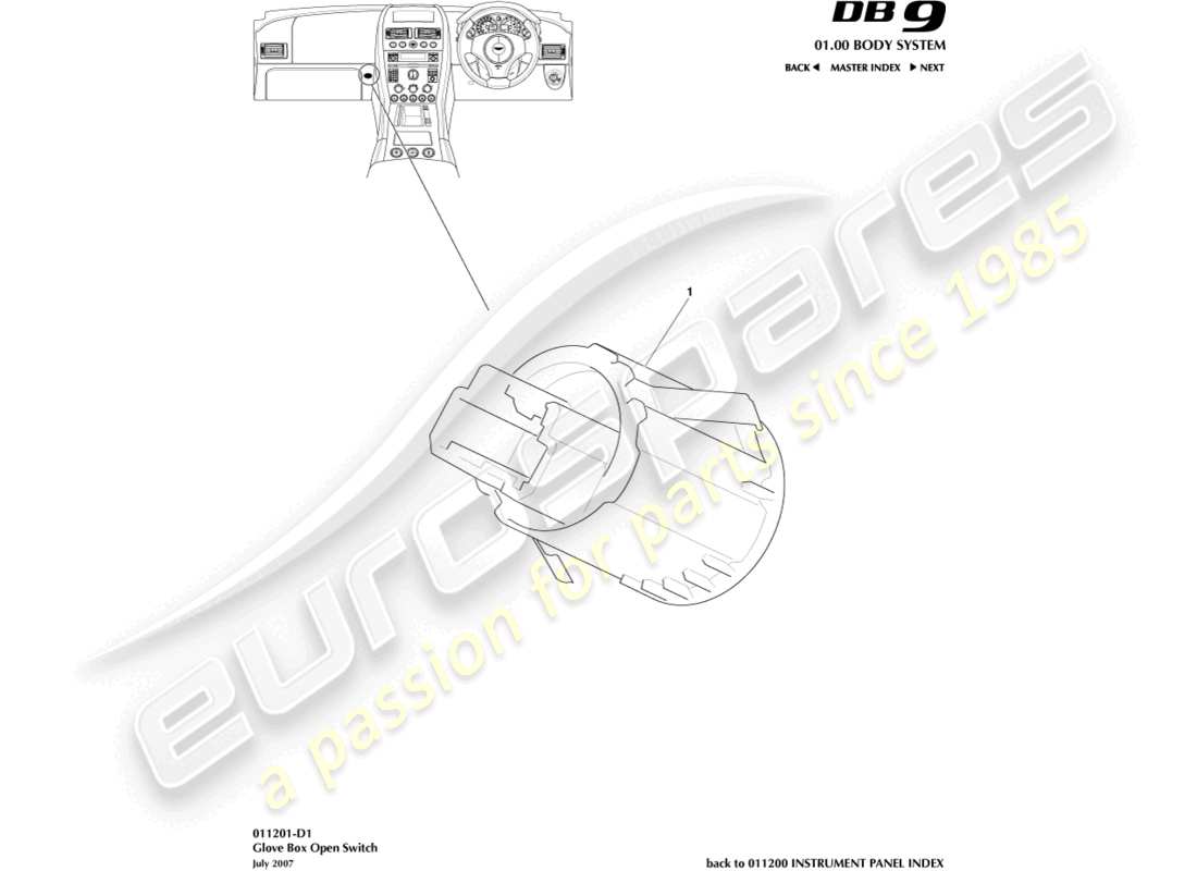 aston martin db9 (2011) glove box switch part diagram