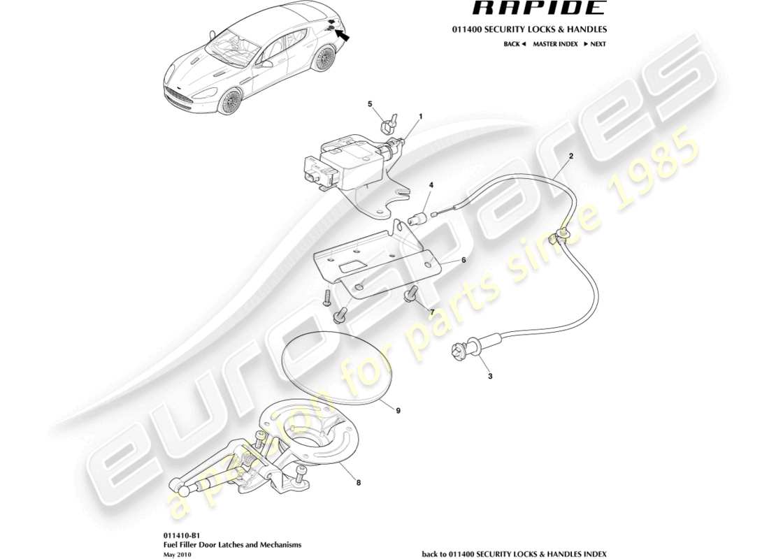 aston martin rapide (2011) fuel filler mechanism part diagram