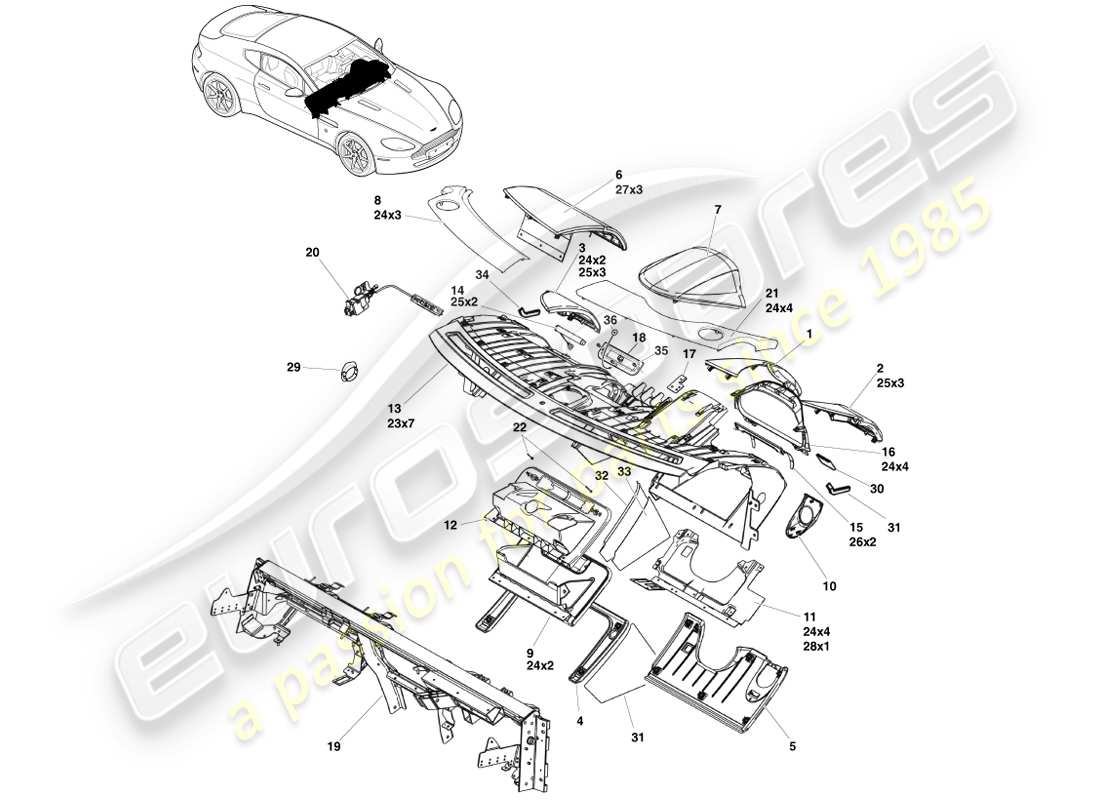 aston martin v8 vantage (2007) instrument panel, lhd part diagram