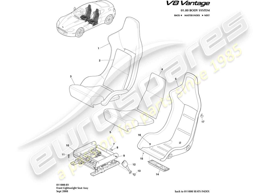 aston martin v8 vantage (2008) front lightweight seat part diagram