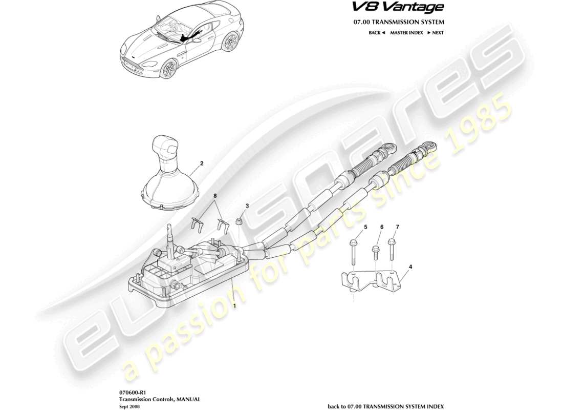 aston martin v8 vantage (2006) gear lever assembly, manual parts diagram