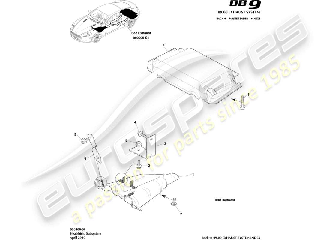 aston martin db9 (2011) heatshield subsystem part diagram