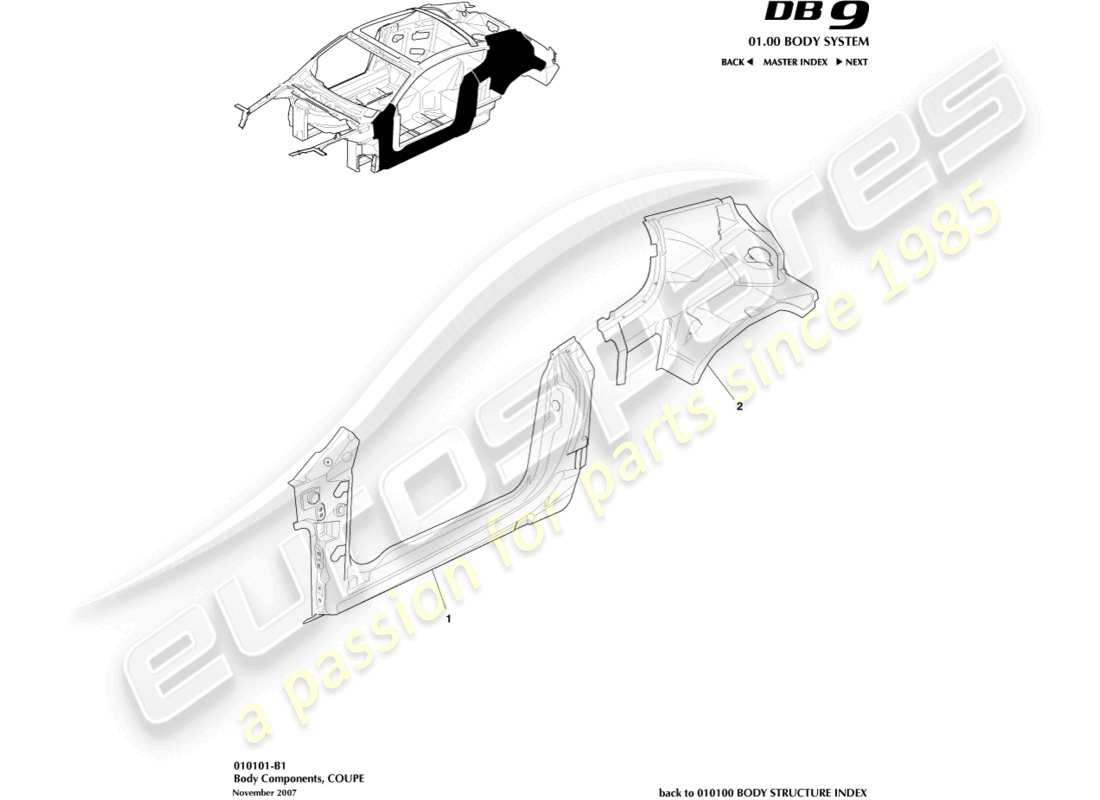 aston martin db9 (2011) body components, coupe part diagram