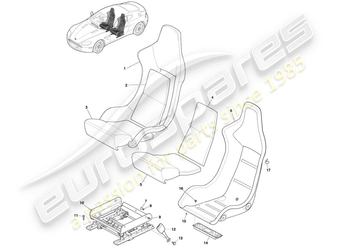 aston martin v8 vantage (2005) front lightweight seat part diagram