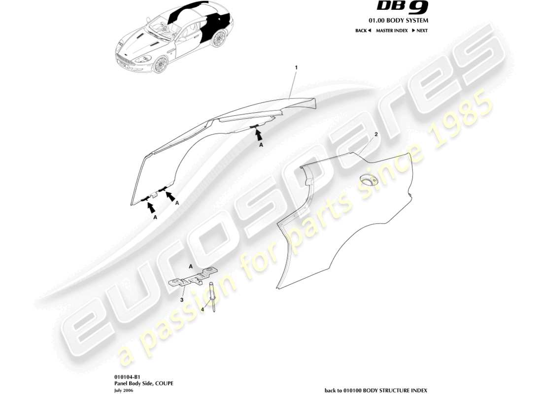 aston martin db9 (2012) panel body side, coupe part diagram