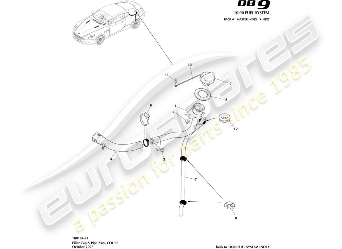 aston martin db9 (2012) fuel filler cap & pipe, coupe part diagram