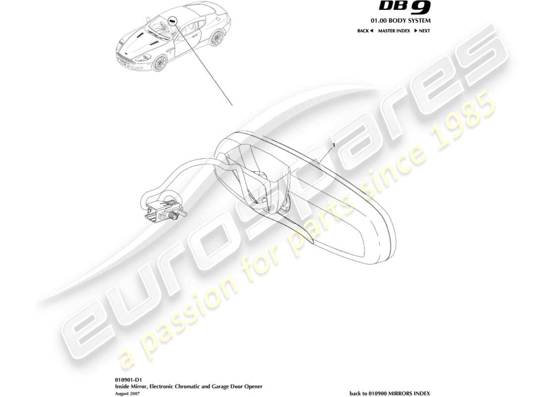 aston martin db9 (2012) interior mirror, chromatic, gdo part diagram