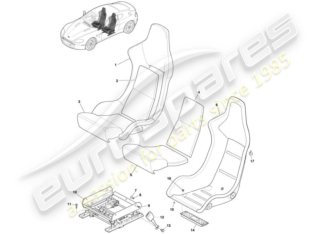 aston martin v8 vantage (2007) front lightweight seat part diagram