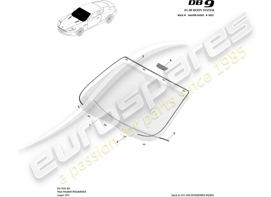 aston martin db9 (2007) windscreen, non heated part diagram